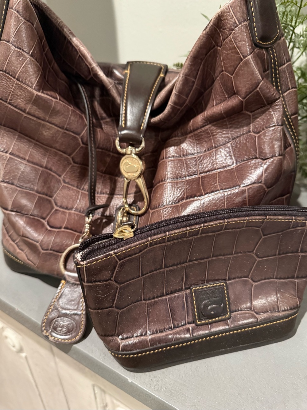 Dooney & Bourke Dark Brown Croc-Embossed Leather Shoulder Bag with Pouch